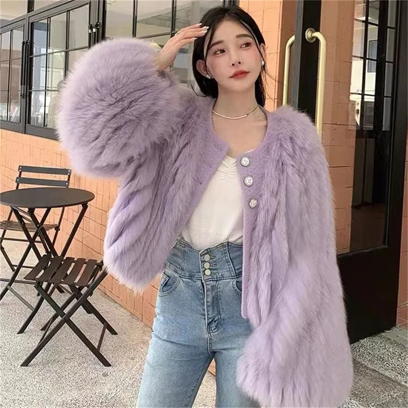 Purple Faux Fox Fur Jacket Eco-Friendly Fur Jacket For Women\'s 2024 Autumn/Winter New Faux Mink Fur Short Top Female Coat Pink