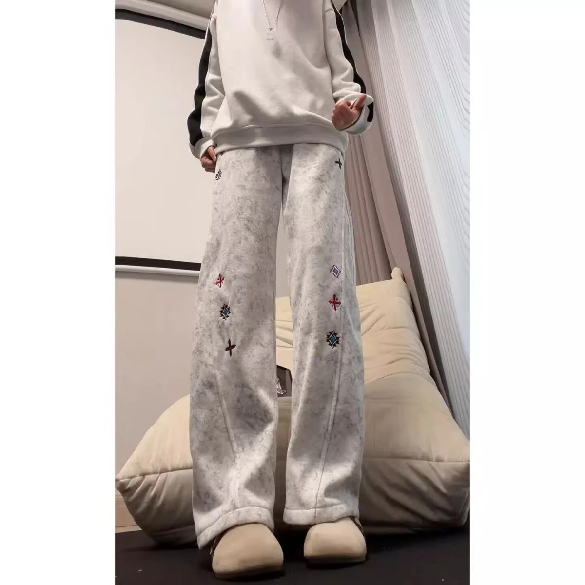 

American Design Sle Casual Embroidered Knife Pants Street Hip Hop Trendy Loose Fit l Waist Polyester Fiber Spring