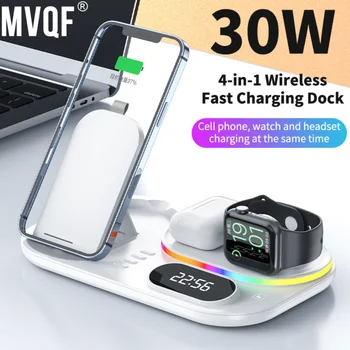 MVQF 30W 4in1 Qi Wireless Charger Dock Station Fast Charging Stand for iPhone 14 13 11 XS XR X Apple Watch SE 6 5 4 AirPods Pro