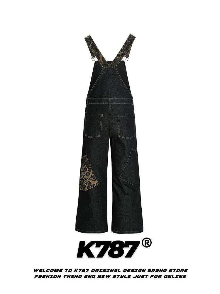 K787 American Retro Leopard Print Multi-ket Bib Overalls Women's Embroidered Straight Leg Denim Casual Bib Overall Pants