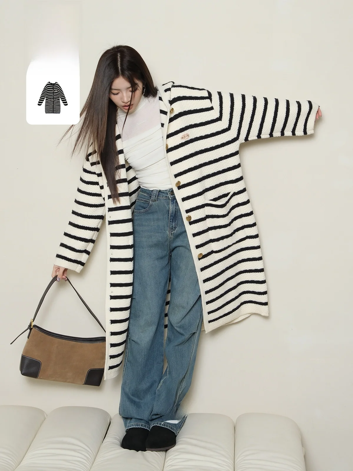 

6DEWS женский свободный крой длинный вязаный кардиган повседневная полосатая открытая рубашка Sle зимняя модная верхняя одежда удобный топ для похудения
