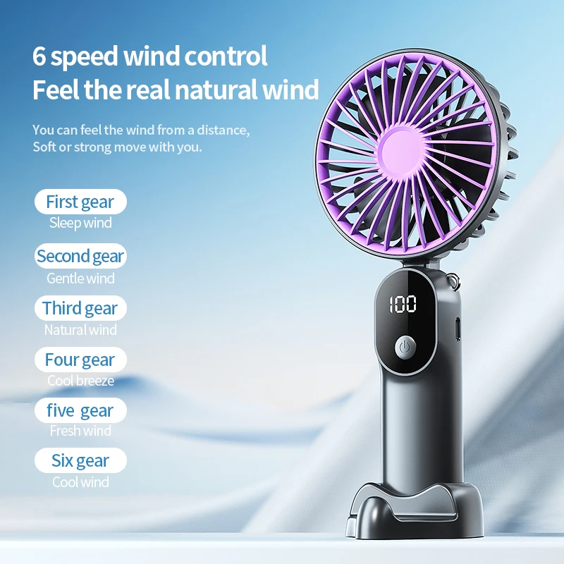 HOMEFISH Mehrzweck-Mini-Handventilator mit Digitalanzeige, faltbar, 6 Geschwindigkeiten, große Windkraft, USB-Aufladung, tragbarer kleiner Ventilator