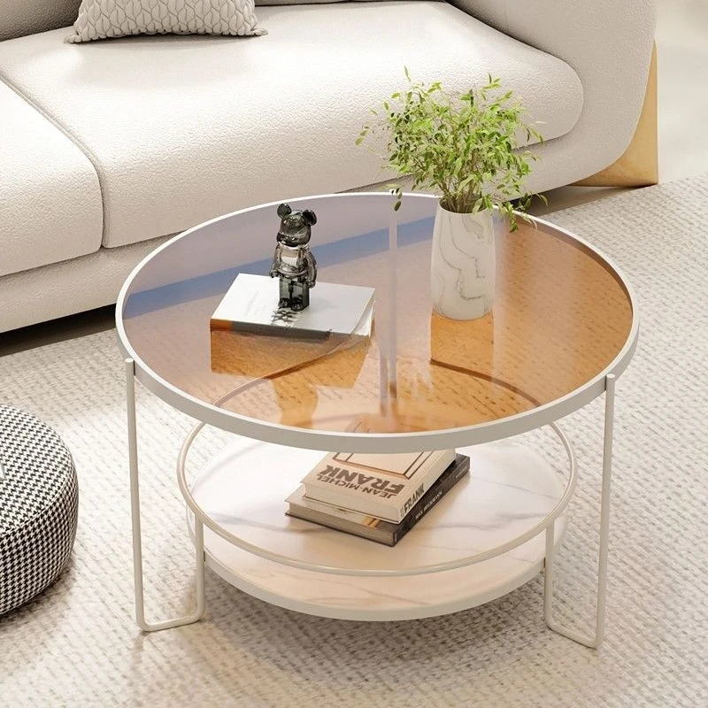 

glass, coffee table living room small household, simple modern rental house, round double layer, rock slab small coffee table