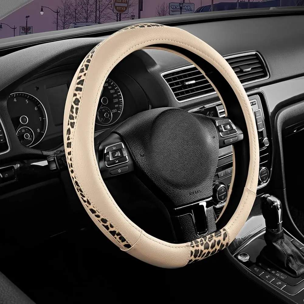 

D-Type Steering Wheel Cover - Made with PVC Leather and Leopard Fabric - Universal Fit for 15-Inch D-Shaped Automotive Steer