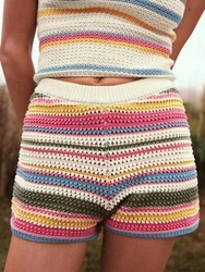 Holiday style autumn new products hook flower hollow striped knitted shorts color matching stripes contrast rainbow wool straigh