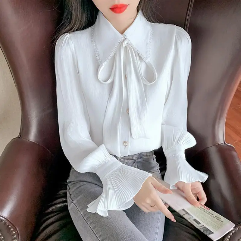

Elegant Loose Women's Clothing Office Lady Blouse Sweet Peter Pan Collar Flare Sleeve Lace Up Folds Long Sleeve Chiffon Shirt