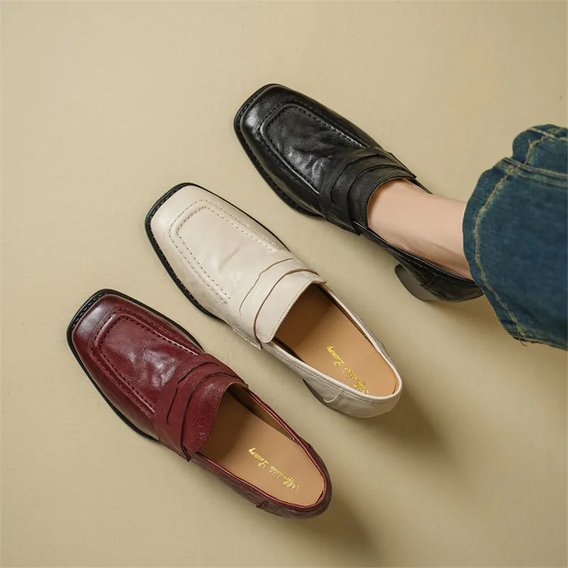 New Spring Autumn Genuine Leather Women Shoes Fashion Retro Square Toe Shoes for Women High Heels Women Pumps Handmade Loafers
