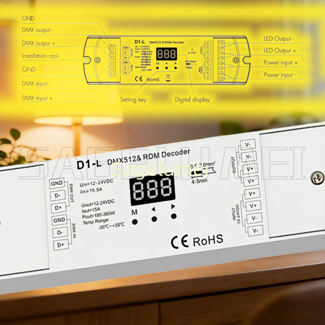 DMX512 & RDM Constant voltage Decoder Skydance D1-L LED controller CV Dimming and color temperature controller 1CH*15A 12-24VDC