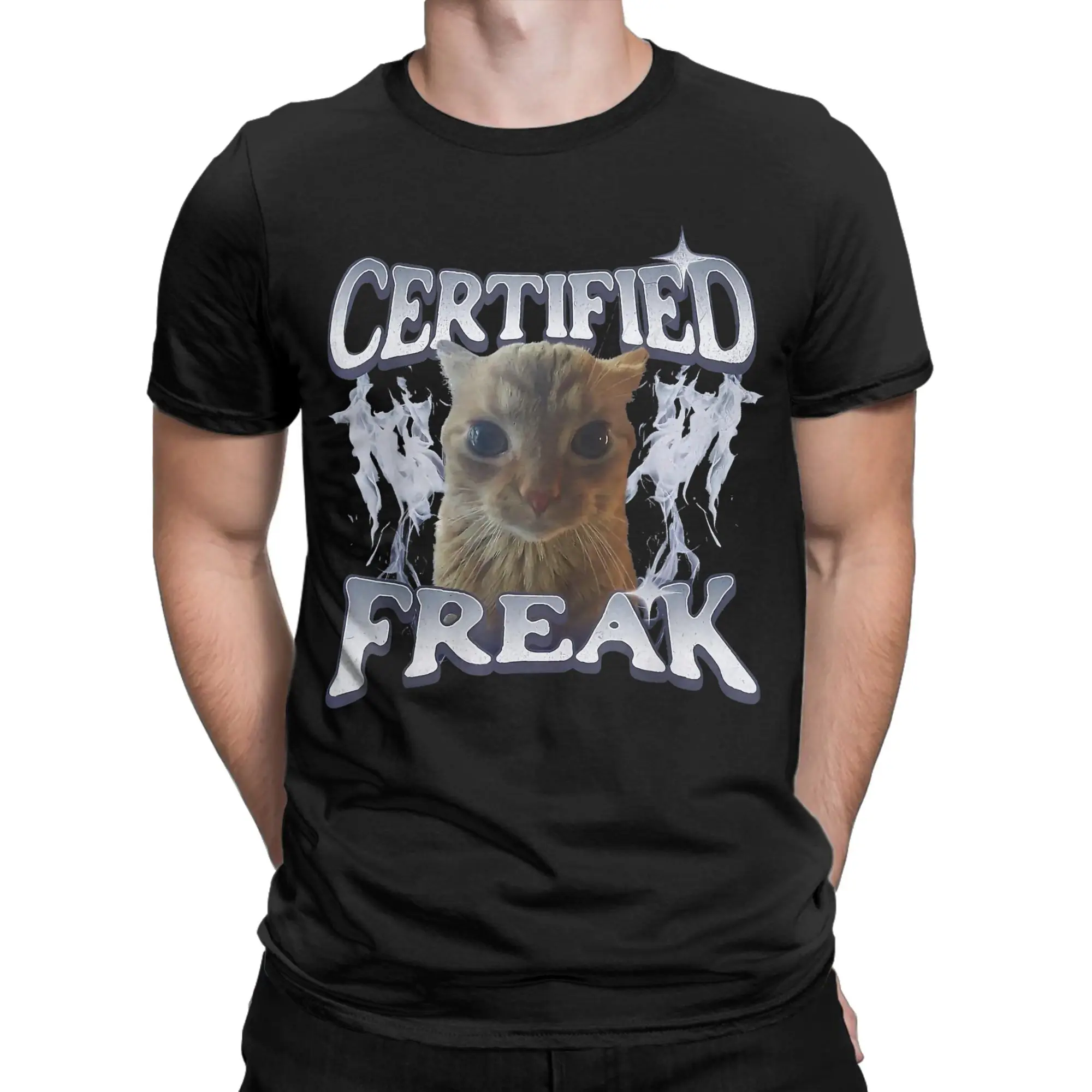 Men's T-Shirt Certified Freak Orange Tabby Cat Big Eyes Meme Crazy 100% Cotton Tee Shirt T Shirts Round Neck Clothes Plus Size