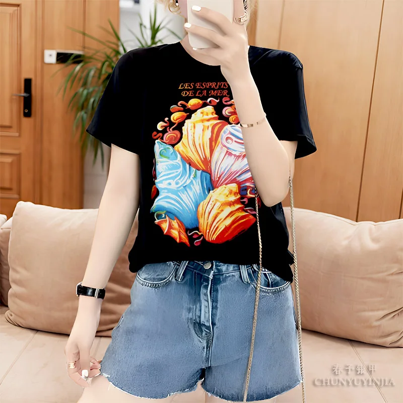 Fashion luxury Designer Classic art Sea Shells 3D Printing Short Sleeved T-Shirt Black Top for women tee Good quality