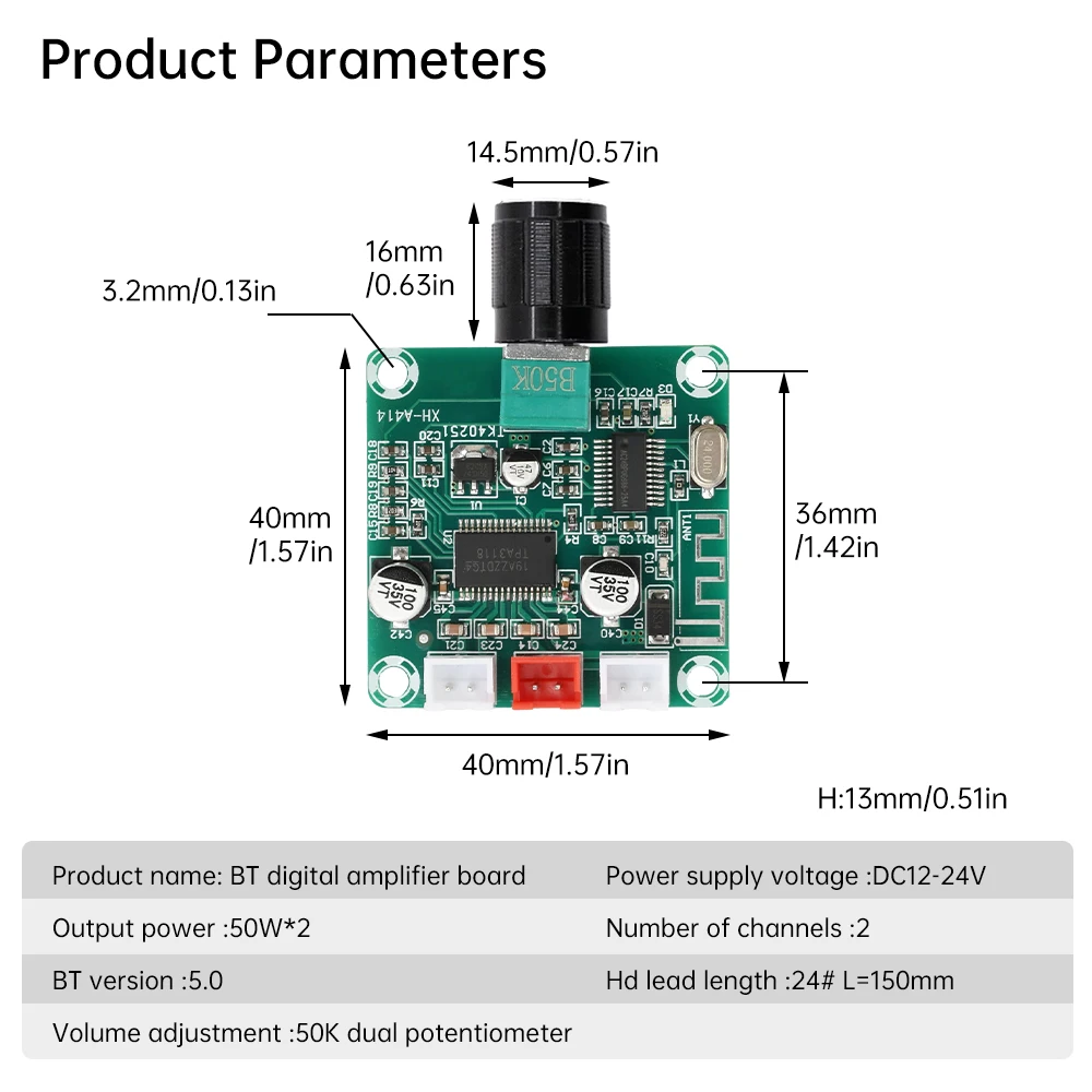 XH-A414 50W+50W Bluetooth 5.0 Digital Stereo Audio Power Amplifier Board DC12-24V TPA3118D2 Chip