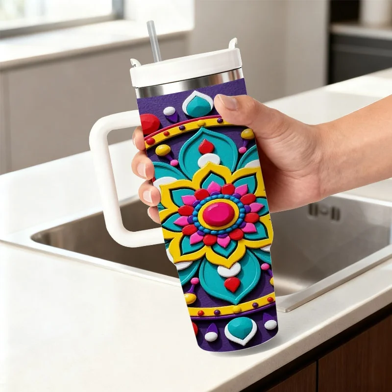 Vibrant Symmetrical Mandala Print 40oz Stainless Steel Insulated Tumbler, Intricate Colorful 3D Pattern on Deep Purple Background, Digital Printed Heat & Cold Retention Drink Cup for Daily Use, Office, Travel & Outdoor Gatherings