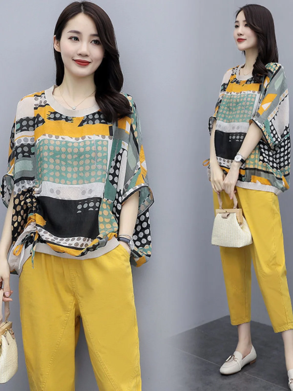 

Trendy Large Size Women's Print Set Casual Loose Faionable Summer Two-Piece Suit Polyester Fiber round Ne Sve-Length M...