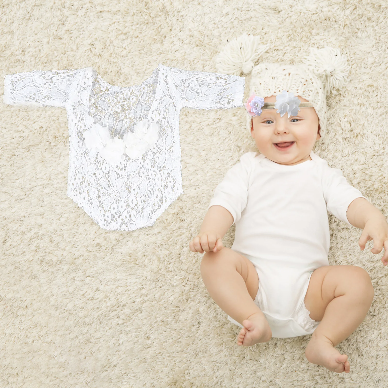 

1Set Babies Lace Rompers Headband Set Premium Quality Baby Photography Outfits Newborn Lace Rompers Baby Photography Props