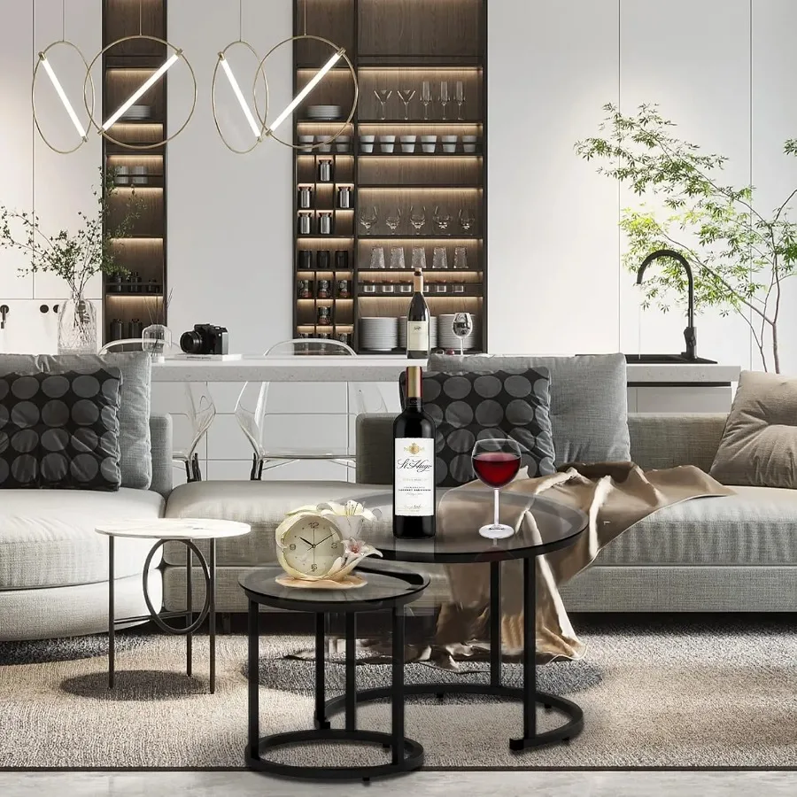 2-Piece Black Nesting Coffee Glass Table Set, Metal Frame for Small Spaces, Modern Industrial Style