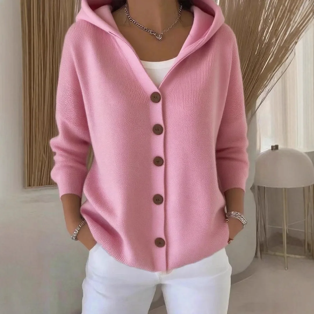 

2025 Button Knitted Hooded Sweater Cardigan Coat Autumn Winter New Solid Color Casual Fashion Women's Clothing