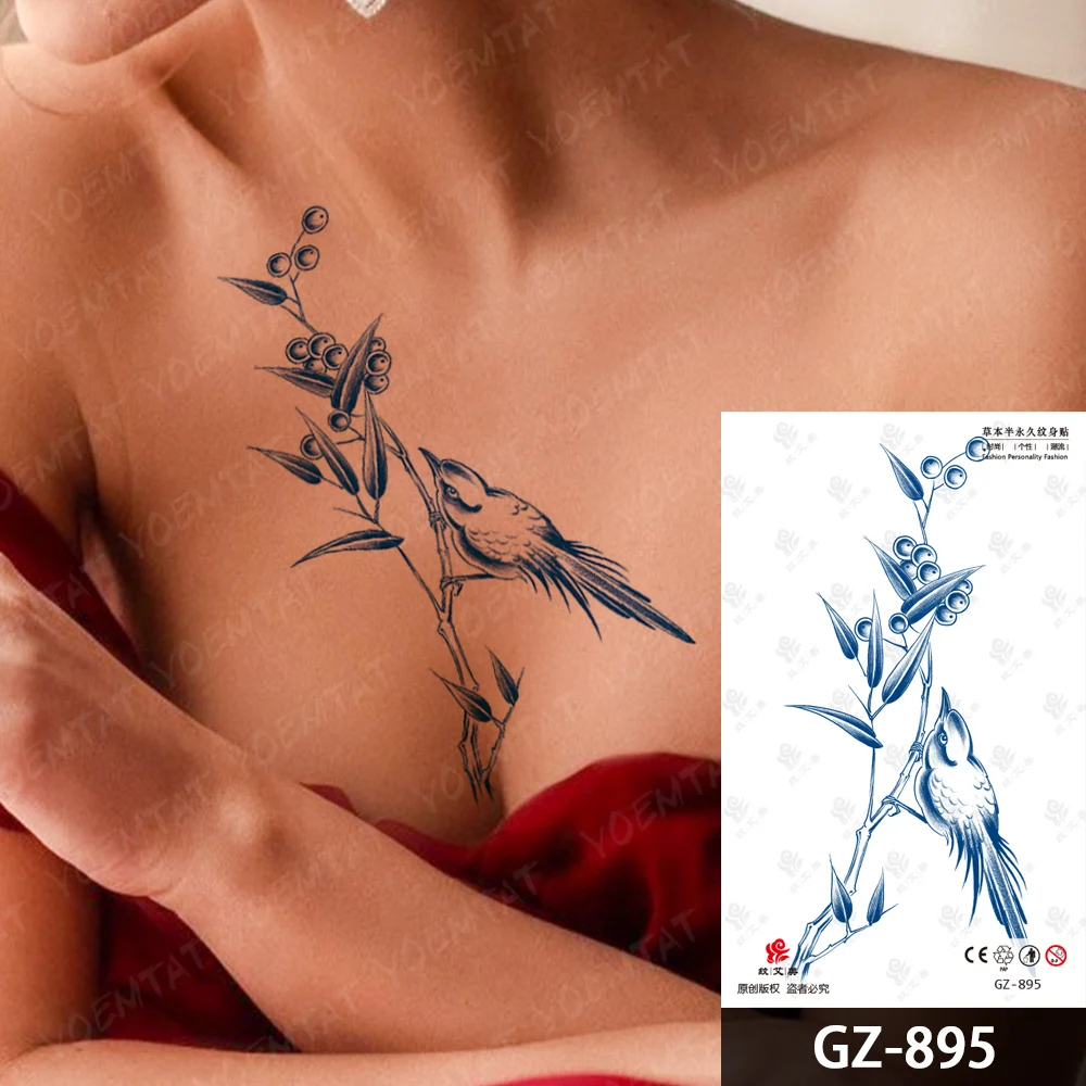 Juice Ink Lasting Waterproof Temporary Tattoo Sticker Hummingbird Leaves Genipin Herbal Body Art Fake Tatoo Men Women Arm Chest