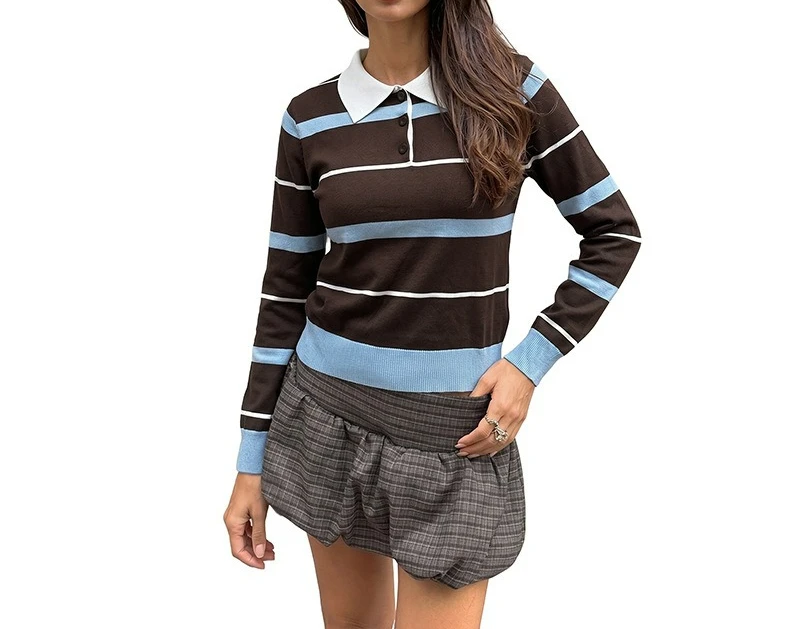 2026 Autumn and Winter New Comfortable and Casual Contrasting Color Loose Lapel Striped Long-sleeved Sweater 5