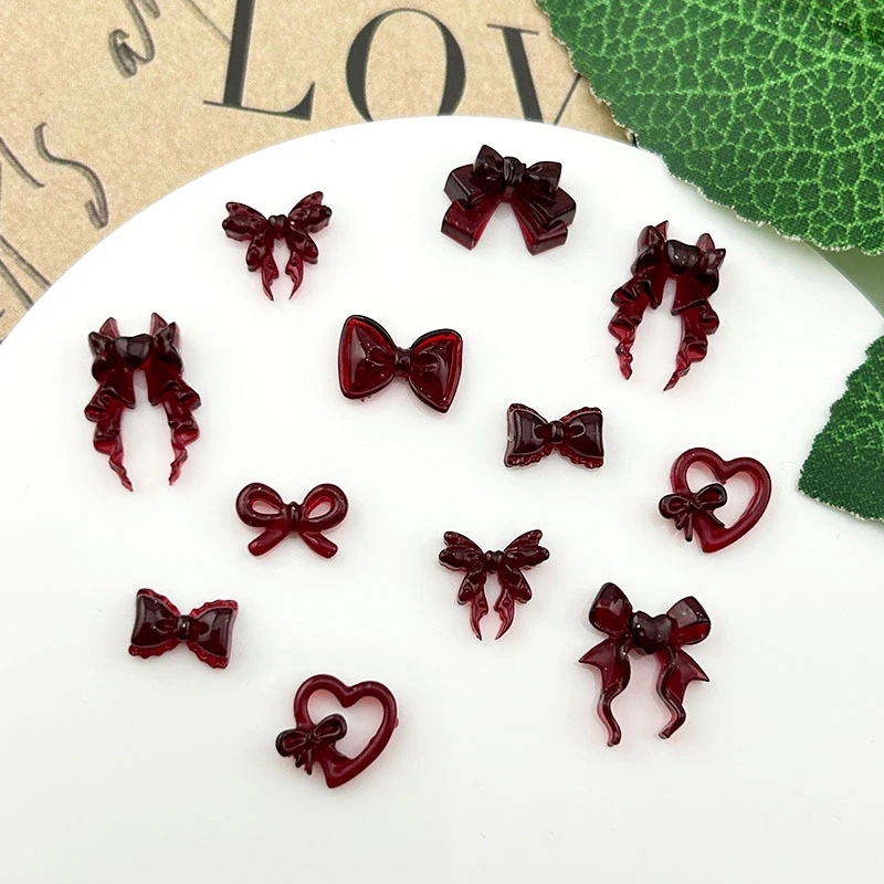 20Pcs Wine Red Resin Bow Nail Charm Bulk Mix Size 3D Ribbon Bowkont Mini Kawaii Nail Art Accessories DIY Cute Nails Decorations