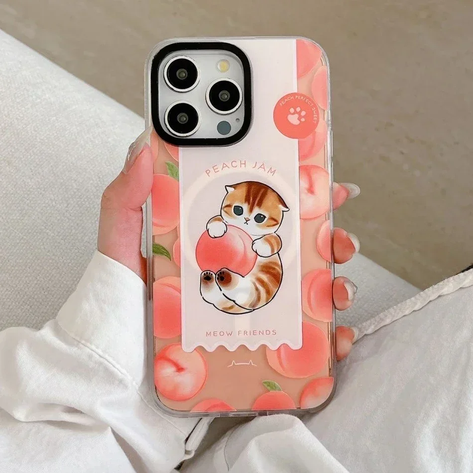 

Cute Dessert Cat Transparent Border Magnetic Phone Case Cover for IPhone 13 14 15 16 Pro Max Case for IPhone 16 Pro Max