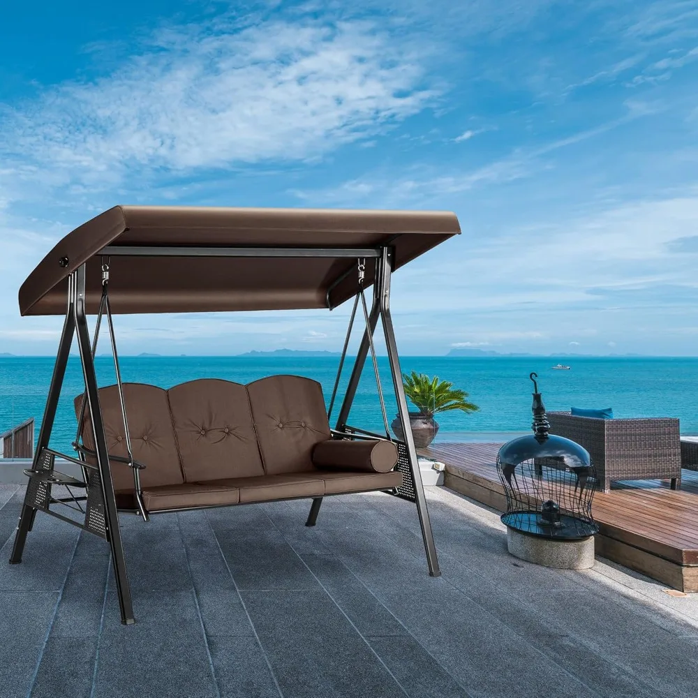 3인용 포치 스윙, 전천후 강철 프레임, 조절 가능한 캐노피 스윙 의자, 탈부착 가능한 쿠션 및 베개 해먹