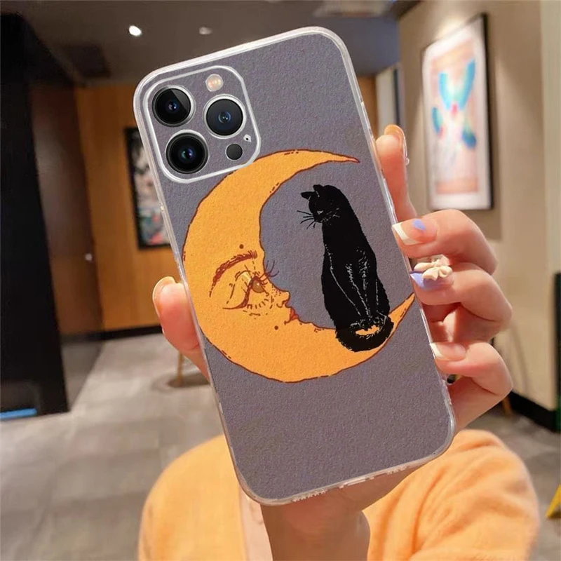 

Phone Case For iPhone 17 Pro Max Air 16 15 14 13 Pro Max 15 16 Pro 15Plus Moon Cat Silicone Cover