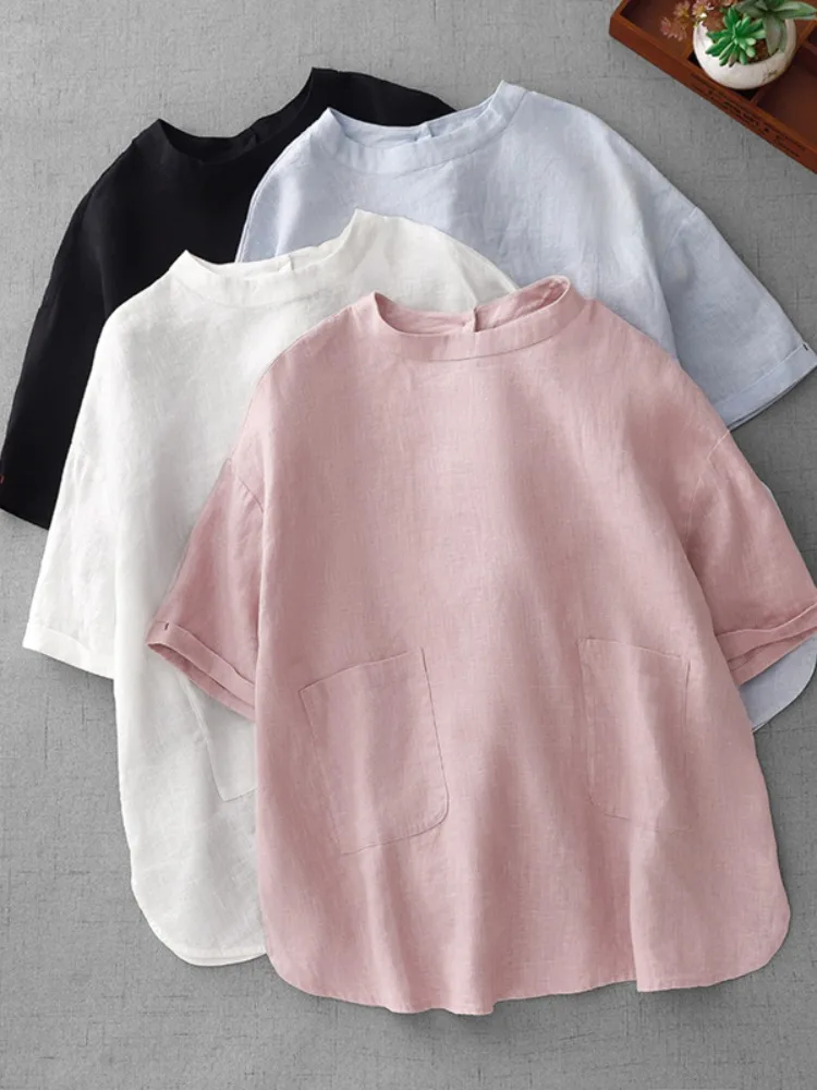 Simple  Color Cotton Linen ort Sve T-irt Women Summer Casual round Ne Overhead Slimming Linen Top
