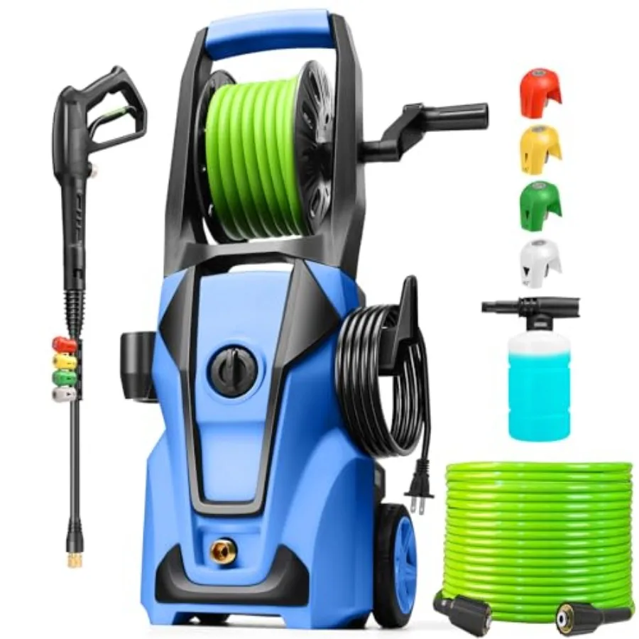 

Мойка высокого давления 5000 PSI с регулируемым давлением, шлангом 10 м, 4 насадками, пеногенератором 500 мл, синяя, для дома и автомобиля