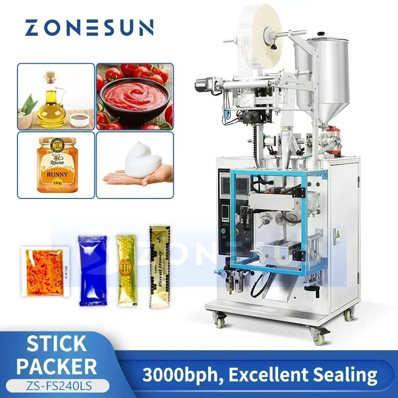 ZONESUN Liquid Filling and Sealing Machine Sachet Packaging Ketchup Pasta Sauce Packet Mixing Heating Coding ZS-FS240LS