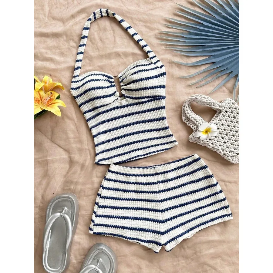 

Soleia Women's Vacation Striped Halter Top And Shorts Casual 2 Pieces Set