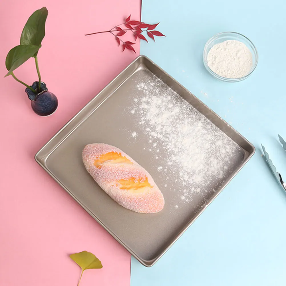 

11 Inch Steel Baking Tray Golden Square Nonstick Cake Cookies Bread Household Baking Plate Heat Resistant Edge Curling