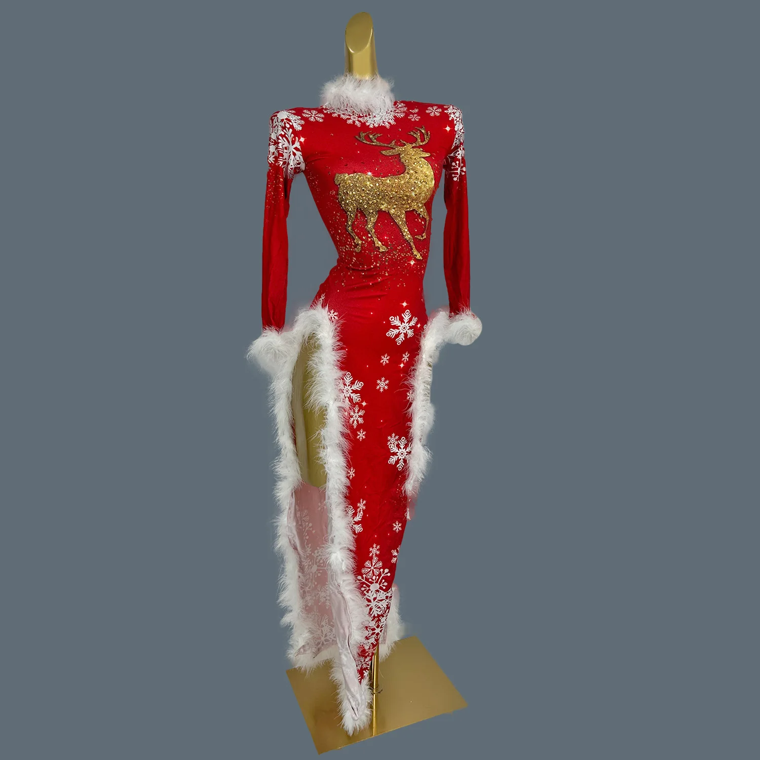 

Nightclub Party High Side Slits Long Dress Christmas Dress-up Wear Plush Sparkly Sequins Milu deer Women Red Tight Fitting Dress
