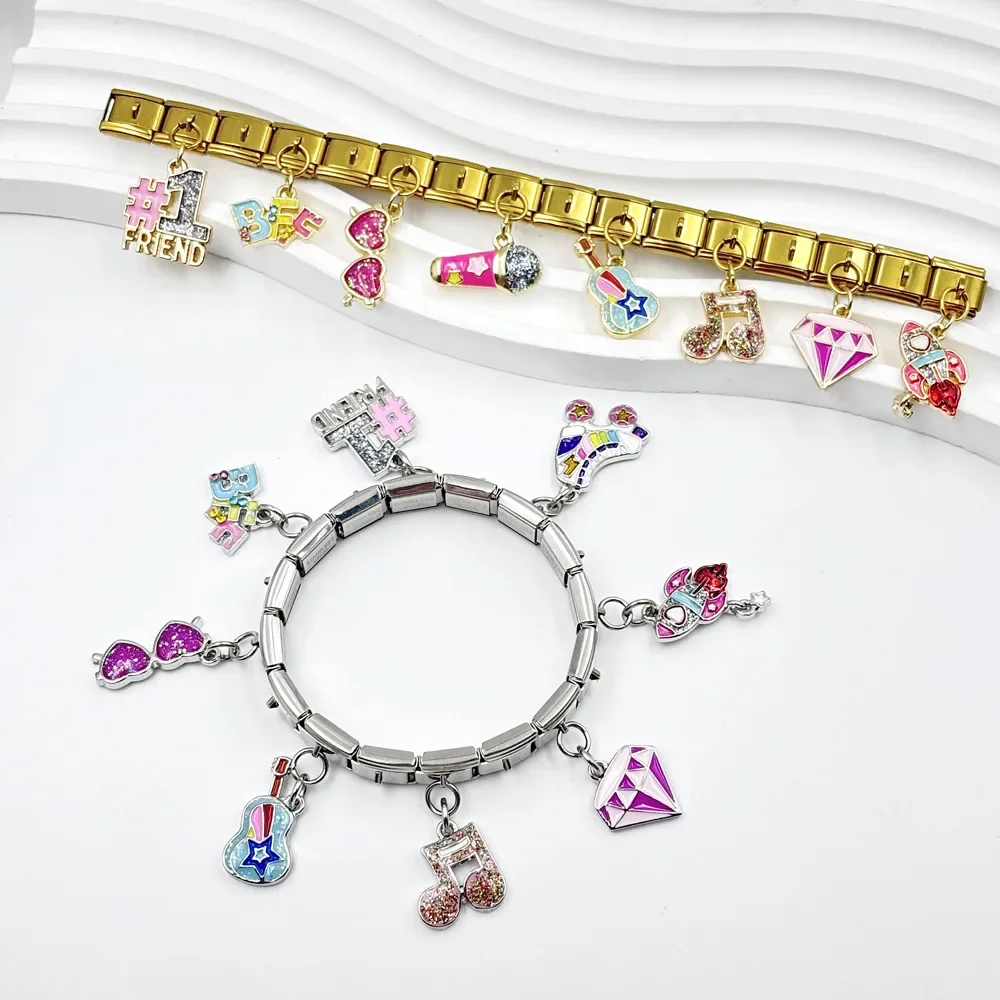 Fashion Oil Dripping Rocket Glasses Music Symbol Pendant Italian Charm Modular Assembled Bracelet  Watchband Jewelry Woman Gift