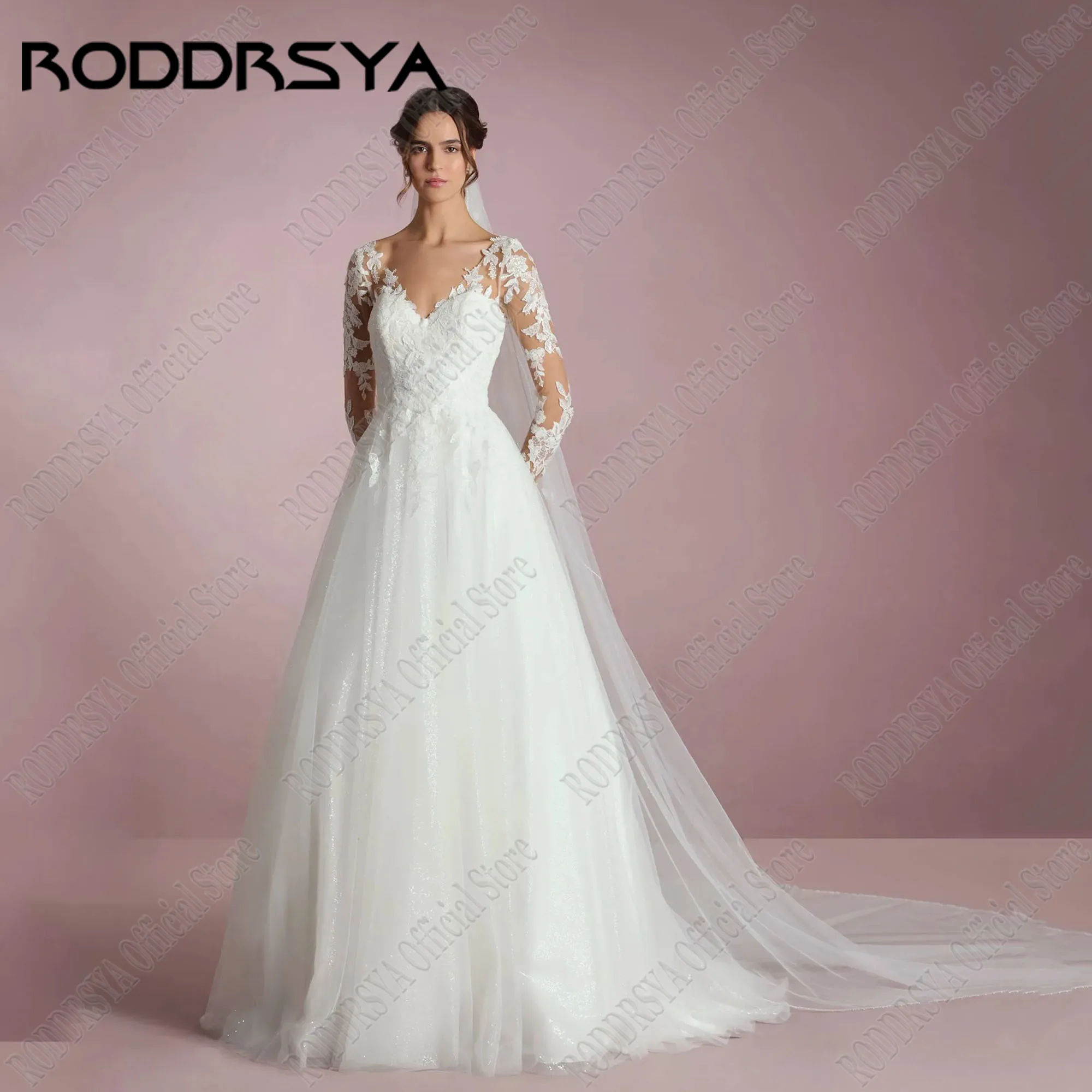 RODDRSYA Glitter ชุดแต่งงาน Tulle แขนยาว V คอ Applique เจ้าสาว Gowns A-Line ลูกไม้ Elegant ชุดเจ้าสาว PLUS ขนาด