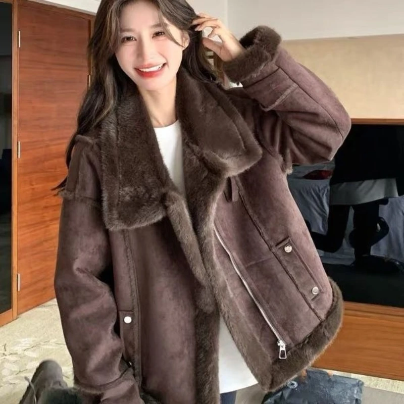 

2025 весенне-осенняя женская меховая подкладка в стиле пэчворк, теплая толстая кофейно-синяя замшевая куртка, пальто, женская одежда, куртки, пальто