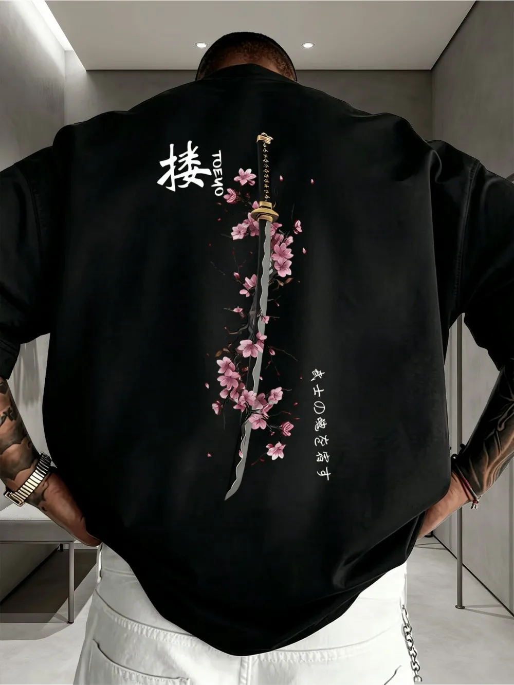 American men's summer letter samurai sword cherry blossom print comfortable and breathable round neck tshirt outdoor street top