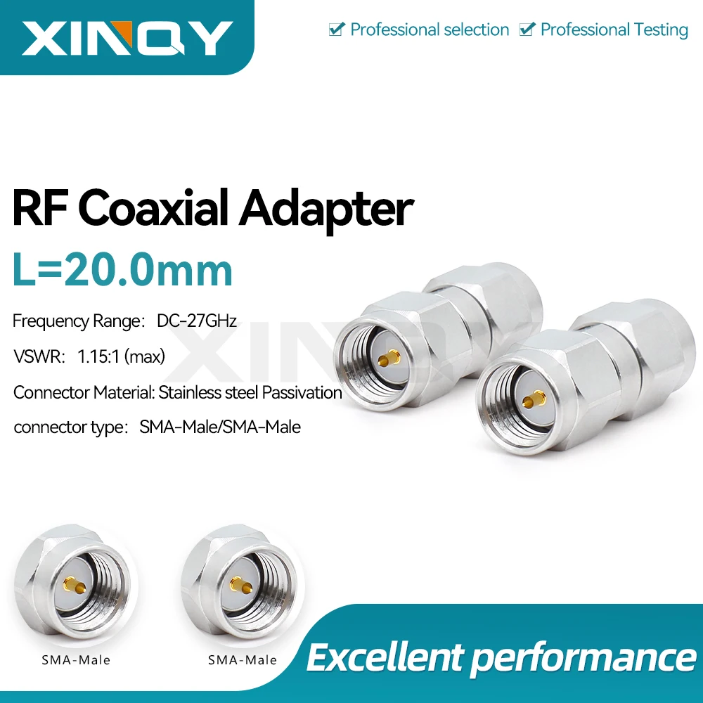 XINQY RF Coaxial Adapter, SMA Male-to-Male (JJ), 27GHz Precision Stainless Steel Interconnect Converter