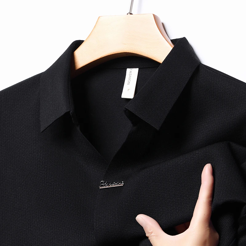 High End Brand Men's Long sleeved Textured Polo Shirt Lapel Spring Autumn High Quality New T-shirt Korean Fashion Men's Clothing