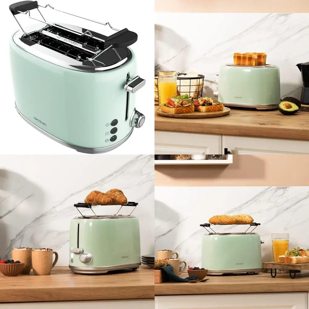 Cecotec Toast & Taste 1000 Vintage Dual Green Tostadora de 2 rebanadas, 980 W, 2 ranuras anchas y compactas, 3,8 cm de ancho, acero inoxidable Con