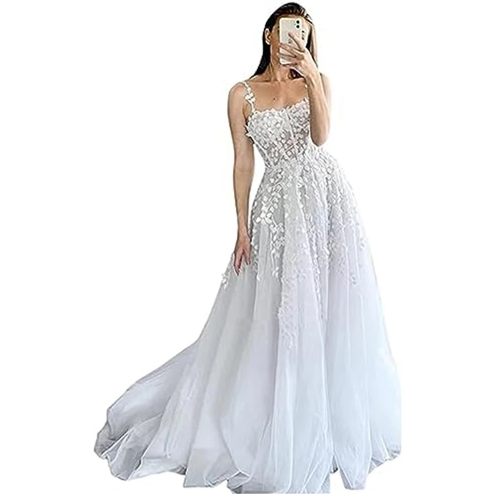 Vestido de novia de encaje Línea A Sling Vestidos largos sin espalda Vestidos para dama de honor Fiesta de dama de honor Viajes Vacaciones Playa Boda Banque