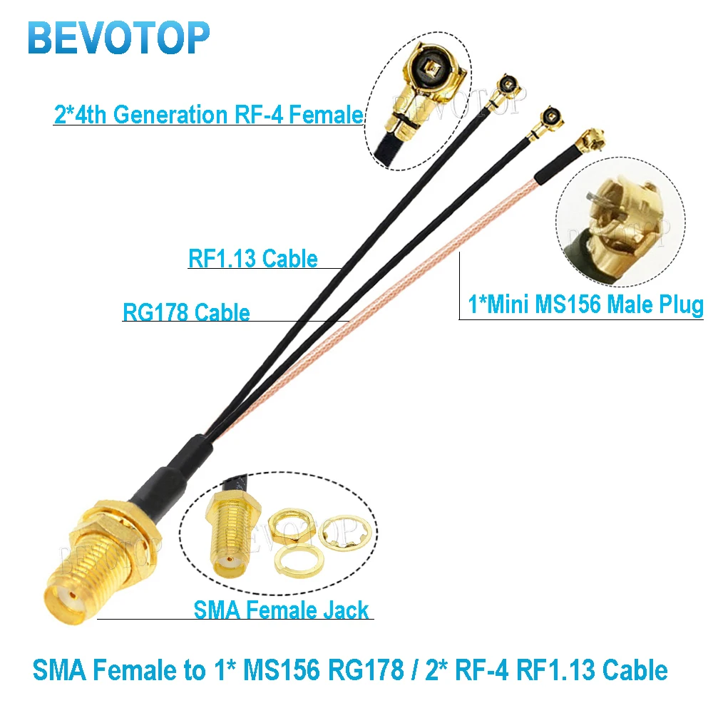 100PCS/LOT SMA to IPX Splitter Cable SMA Female to 1xMini MS156 +2 x RF4 Female RG178 RF1.13 Cable Antenna Jumper Pigtail