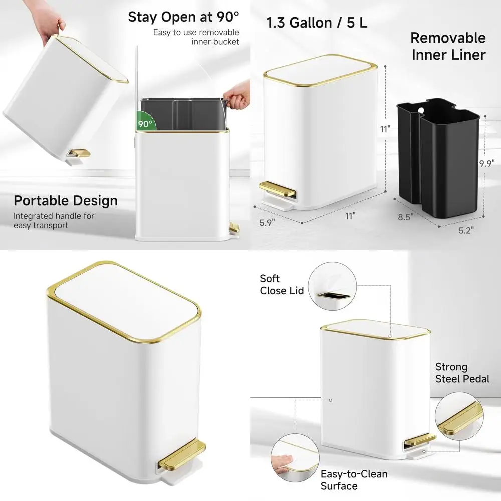 

5L White Stainless Steel Trash Can with Soft-Close Lid and Step Pedal for Small Spaces