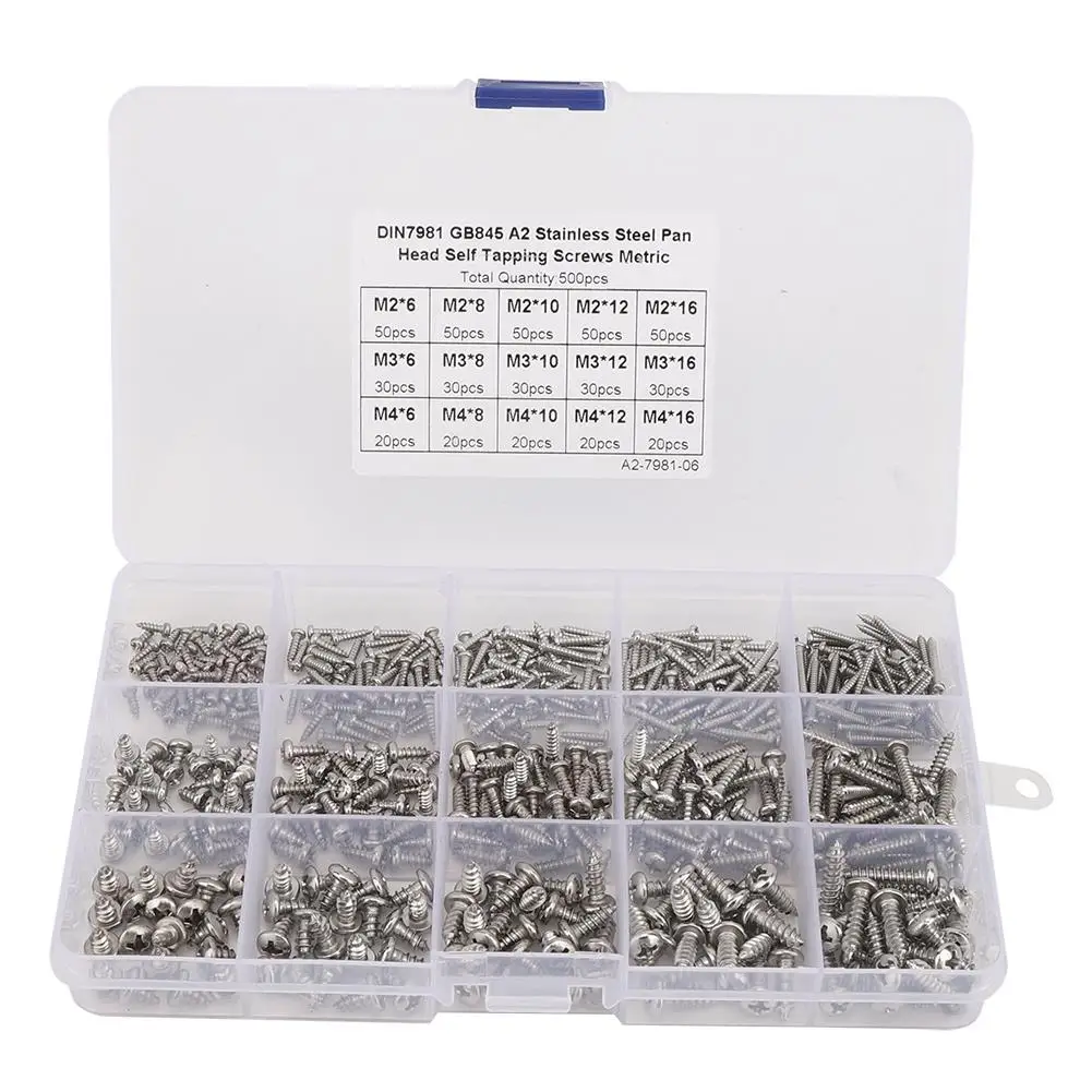 500Pcs Stainless Steel Pan Head Screw Set M2 M3 M4 Assortment for DIY Furniture Repair with Portable Storage Box