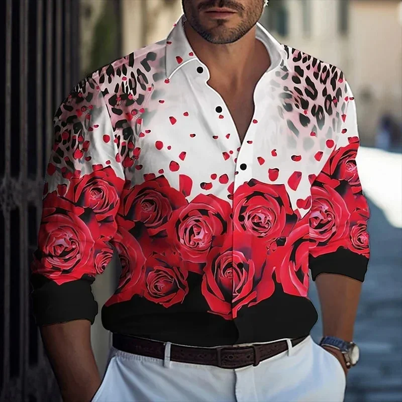 Rose Leopard Pattern Hawaiian Shirts For Men Colorful Flower Leaf 3D Printed Aloha Shirts Casual Loose Long Sleeve Tops Blouses