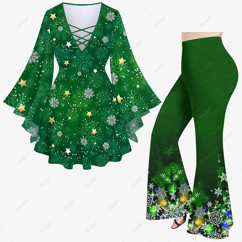 2023 New Christmas Women Snowflake Glitter Light Tree Branch 3D Print Bell Sleeves T-shirt Or  Flare Pants Casual Matching Set