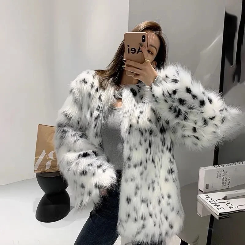 Spotted Faux Fur Coat Women Korean Loose Thick Warm Winter Jacket Fluffy Long Sleeve Leopard Casual Street Fashion Outwear