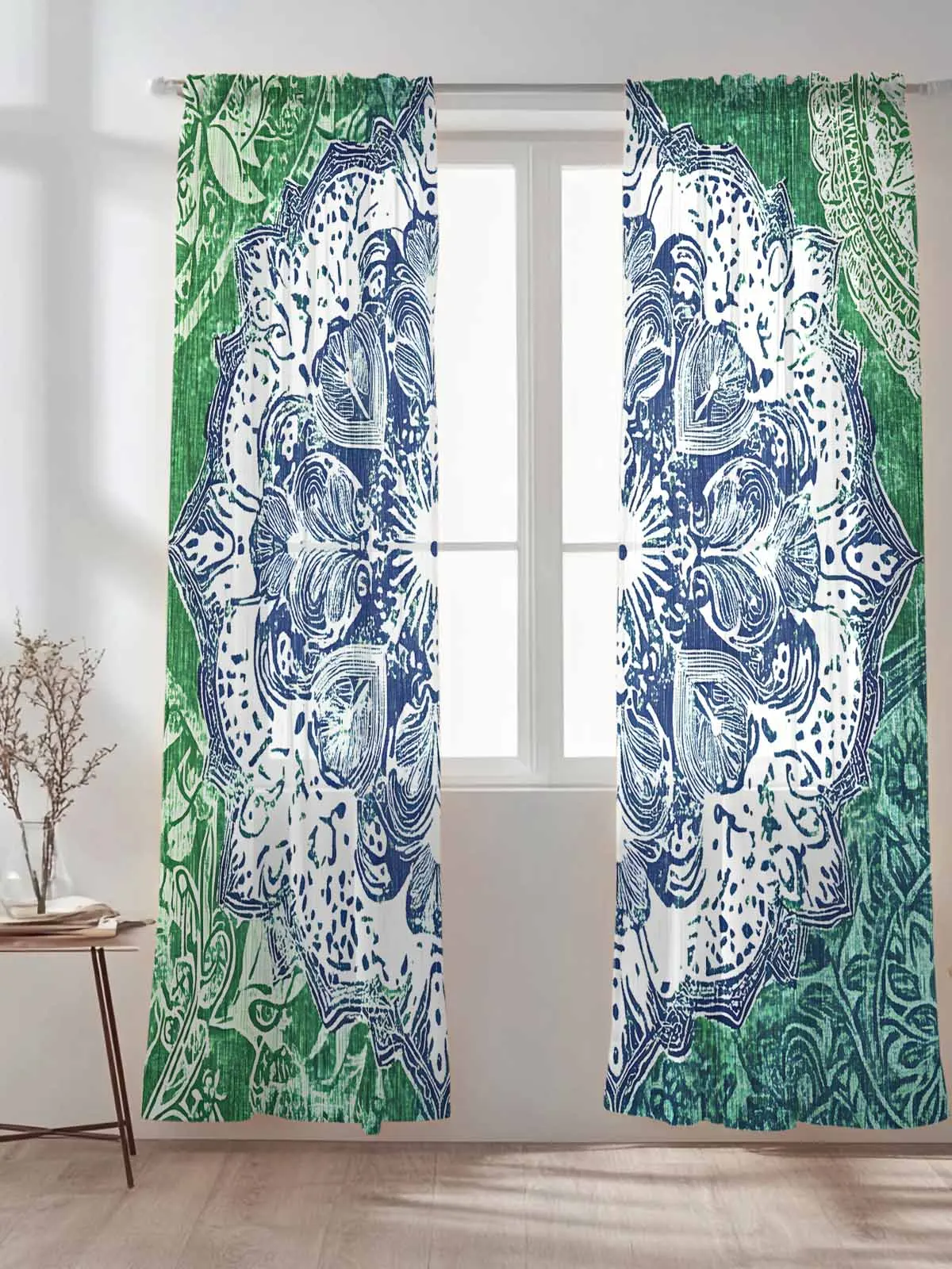 

Green Retro Flowers Window Curtains Bedroom Drape Sheer Tulle Valances Living Room Kitchen Voile Curtain