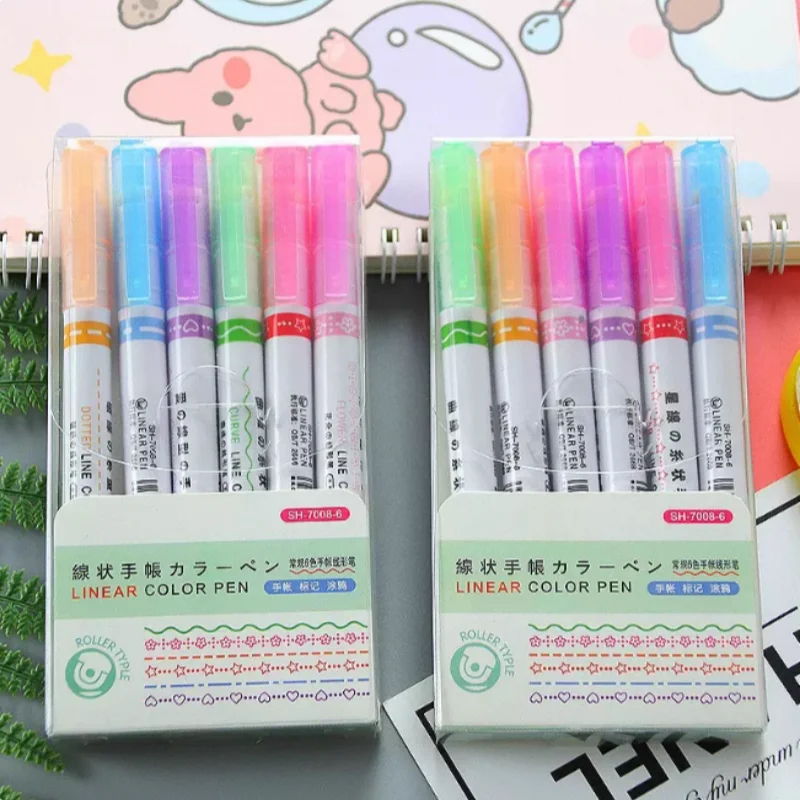 Creative 6-color Quick-drying Floral Contour Curve Pen Planner Pattern, Colorful Marking Pattern, Fluorescent Printing Roller