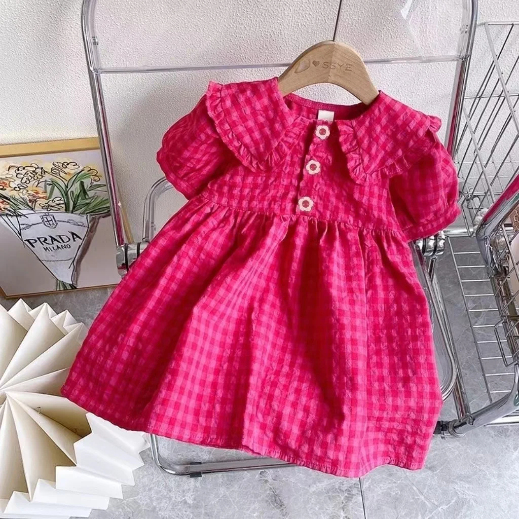 Baby Girls Checkered Princess Dress Summer New Korean Edition Children's Doll Neck Short Sleeve Dress