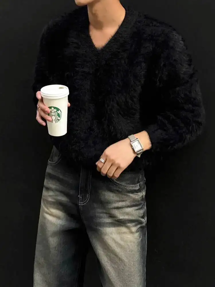 

2025 Winter Niche Design Men's Mink Fur Sweaters Round Collar Solid Color Knitting Tops Pullover Loose Male Clothing